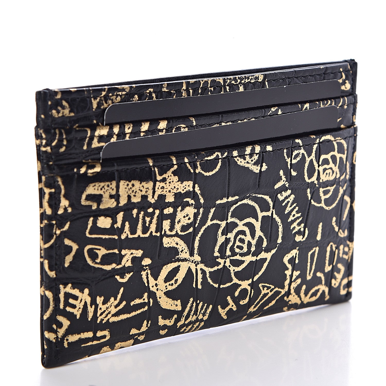Chanel Calfskin Crocodile Embossed Graffiti 2.55 Cocodile Reissue Card Holder Black Gold 3 of 9