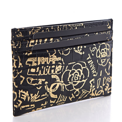 Chanel Calfskin Crocodile Embossed Graffiti 2.55 Cocodile Reissue Card Holder Black Gold 3 of 9