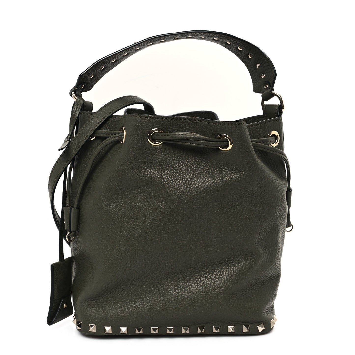 Pebbled Calfskin Small Rockstud Bucket Bag Green