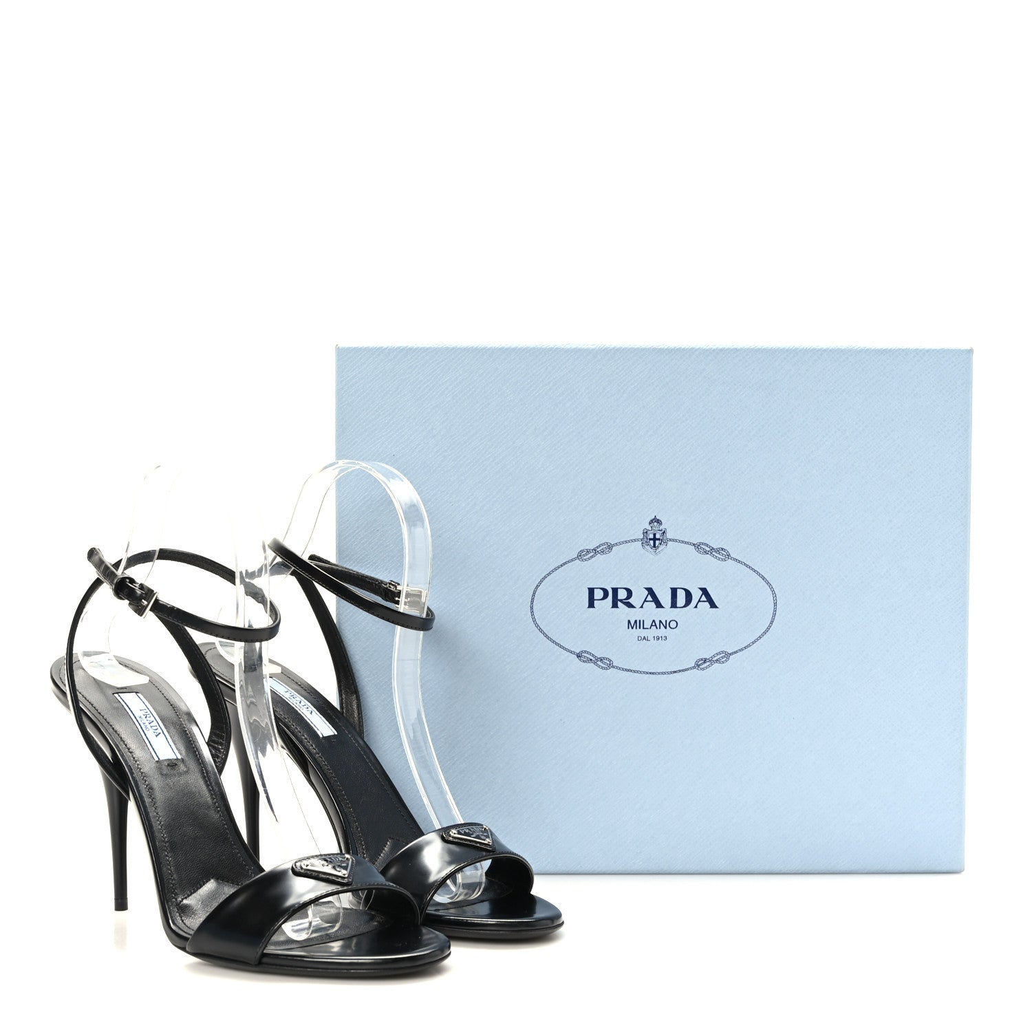 Prada Spazzolato Metal Triangle Logo Ankle Strap 100mm Sandals 39 Black 8 of 8