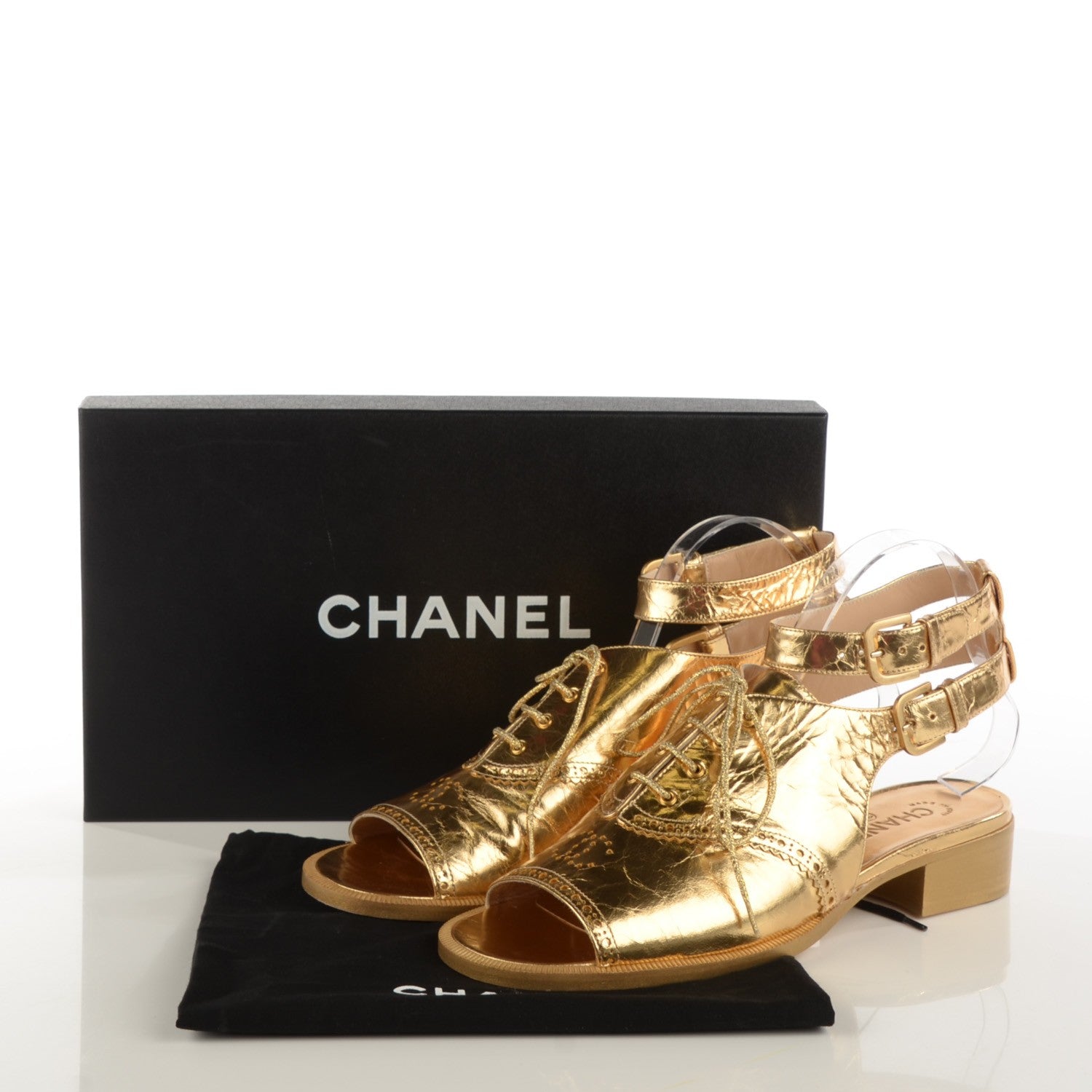 Chanel Metallic Crackled Lambskin Lace Up Sandals 40 Gold 5 of 8