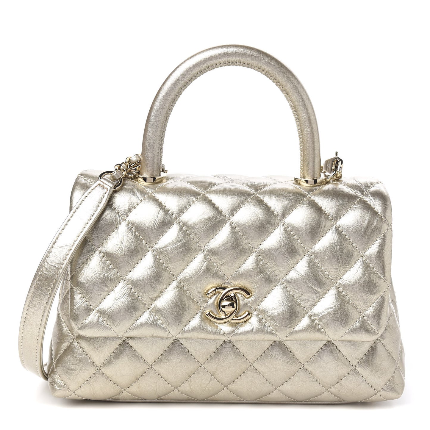 Metallic Aged Calfskin Quilted Mini Coco Handle Flap Gold