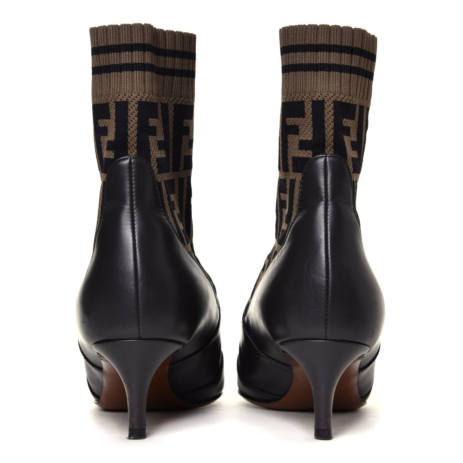 Fendi Vitellino Microfiber Fabric FF Rockoko Low Heel Sock Boots 35.5 Black Tobacco 9 of 12