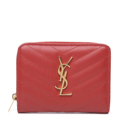 Saint Laurent Grain De Poudre Matelasse Chevron Monogram Compact Zip Around Wallet Red 1 of 7