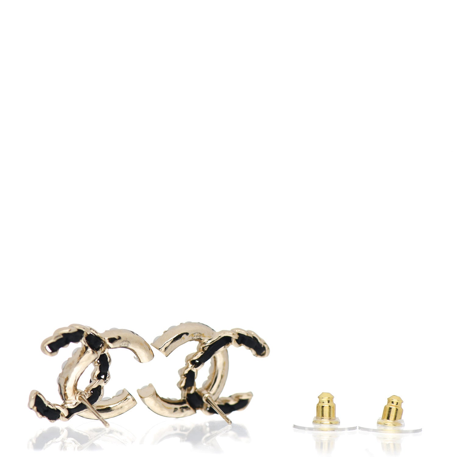 Chanel Pearl Lambskin Chain CC Stud Earrings Gold Black 3 of 5