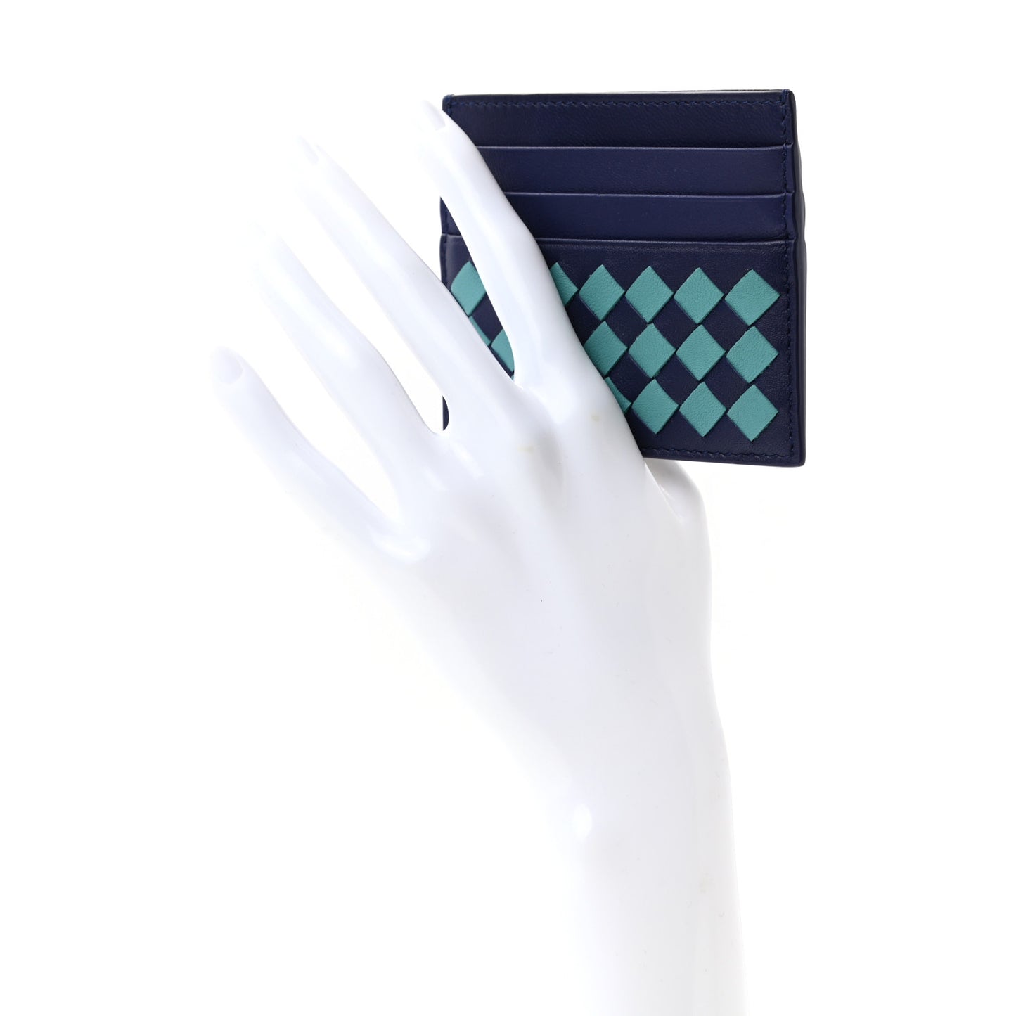 Nappa Intrecciato Woven Bi-Color Card Holder Blue Aqua