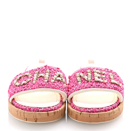 Chanel Tweed Cork Mule Sandal 39  Pink White 3 of 10