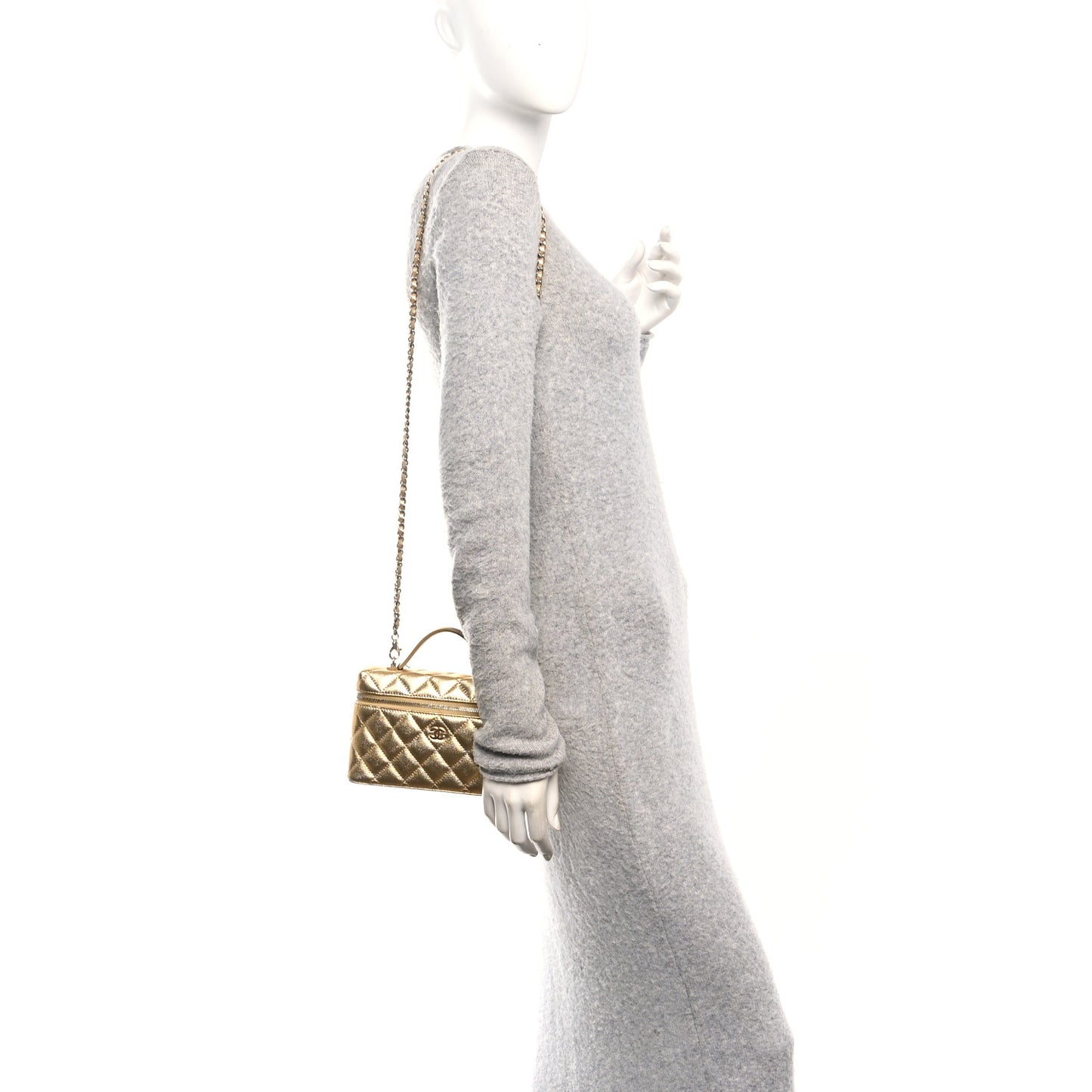 Metallic Caviar Quilted Top Handle Slim Vanity With Chain Gold