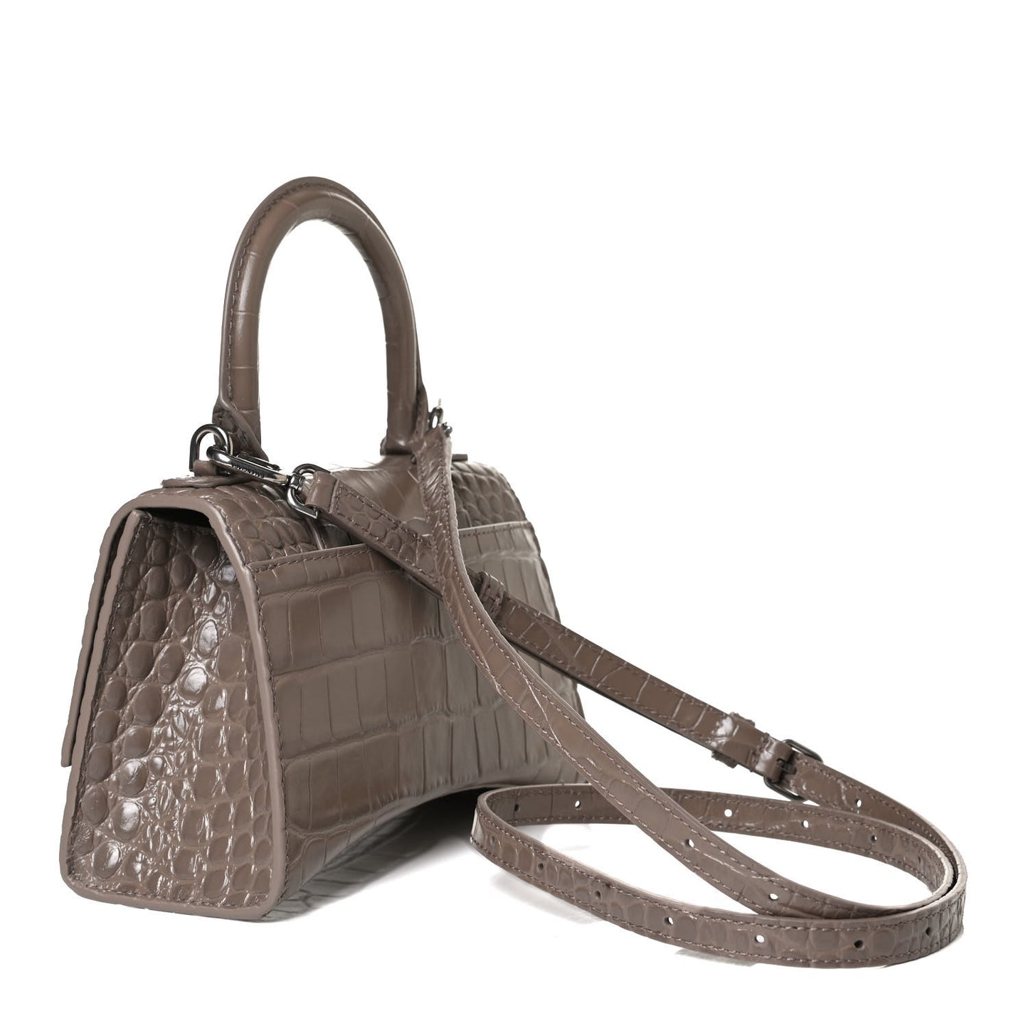 Shiny Calfskin Crocodile Embossed Hourglass Top Handle Bag XS Mink Grey