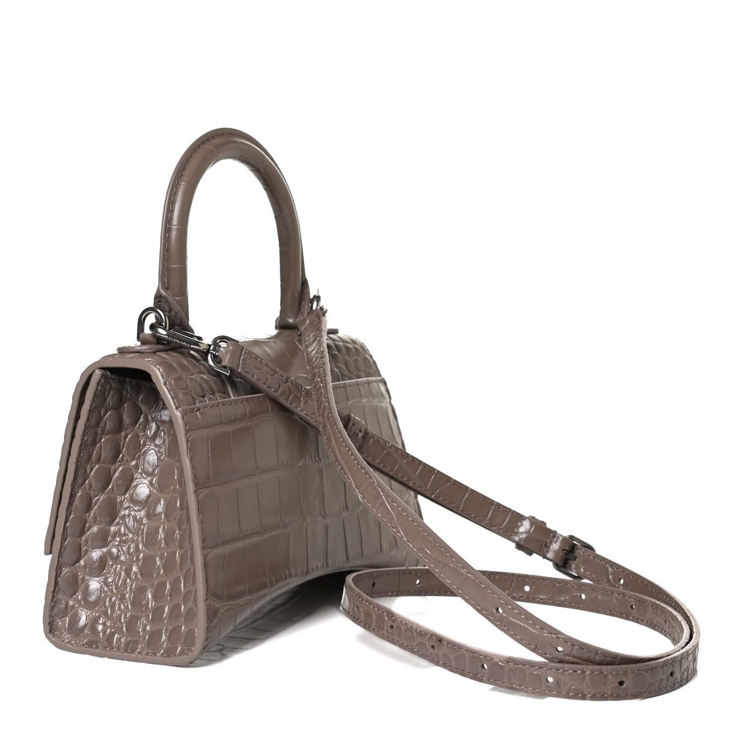 Balenciaga Shiny Calfskin Crocodile Embossed Hourglass Top Handle Bag XS Mink Grey 3 of 13