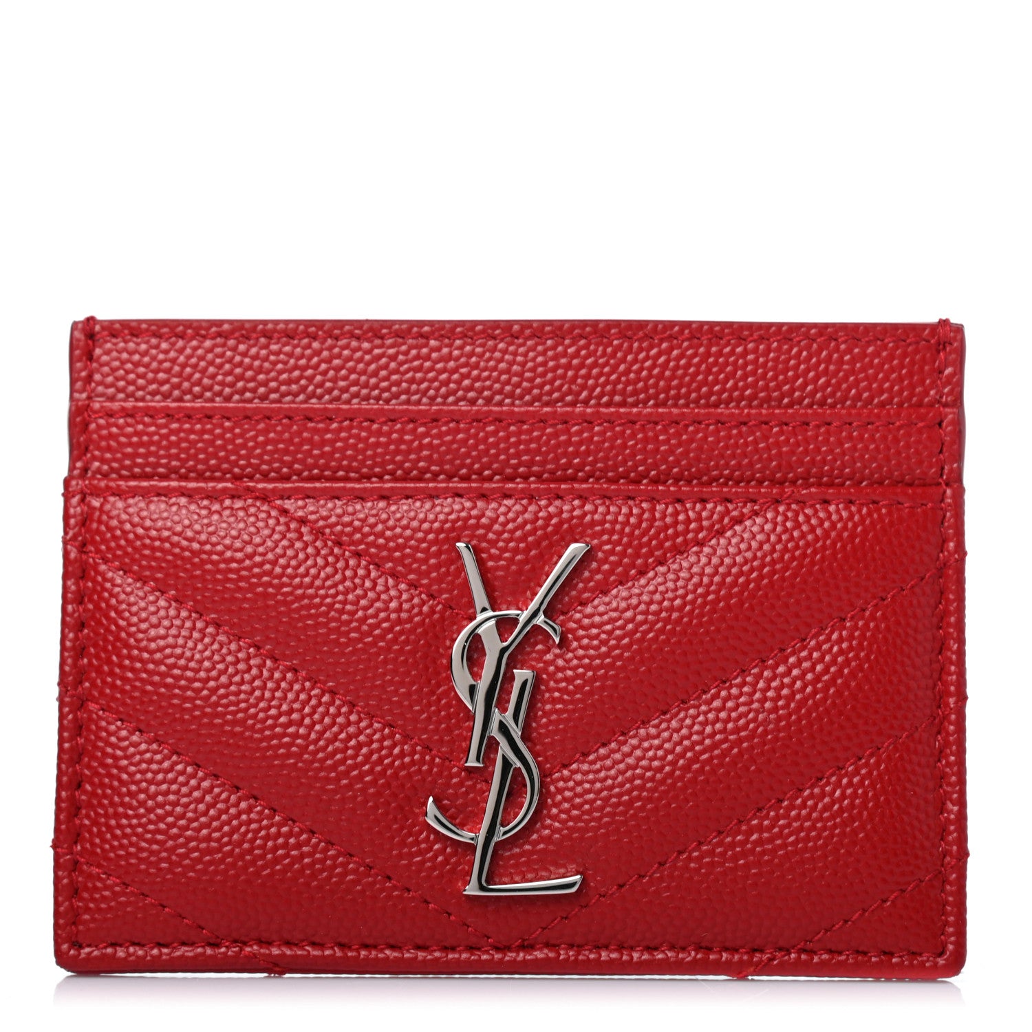 Saint Laurent Grain De Poudre Matelasse Chevron Monogram Credit Card Case New Red 1 of 4