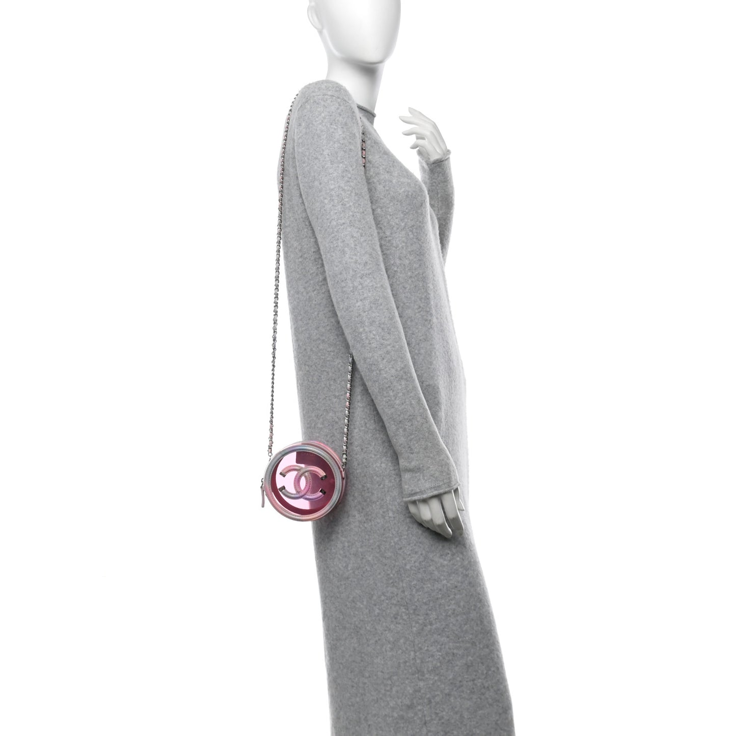 PVC Lambskin Filigree Round Clutch With Chain Pink