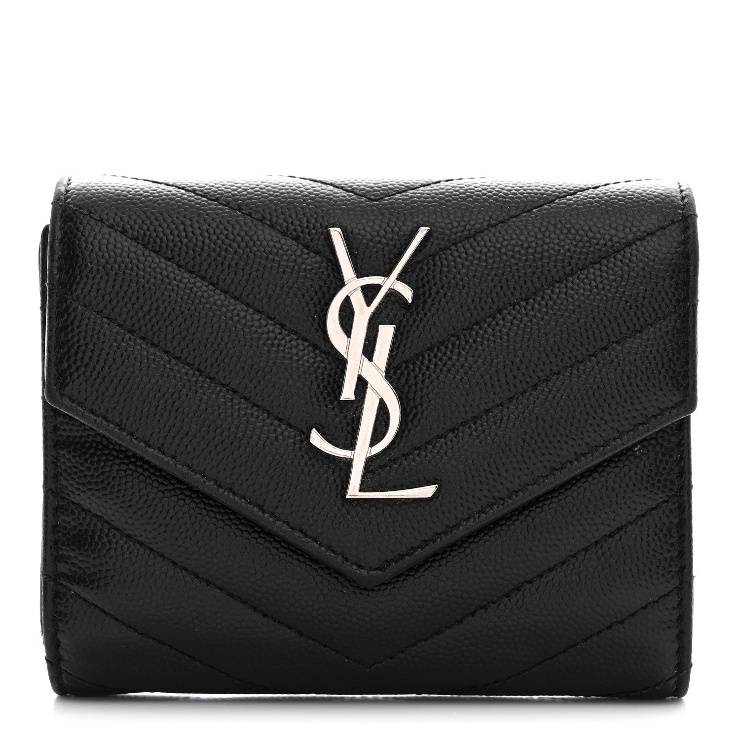 Saint Laurent Grain De Poudre Matelasse Chevron Monogram Compact Tri Fold Wallet Black 1 of 11