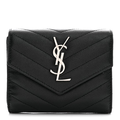Saint Laurent Grain De Poudre Matelasse Chevron Monogram Compact Tri Fold Wallet Black 1 of 11