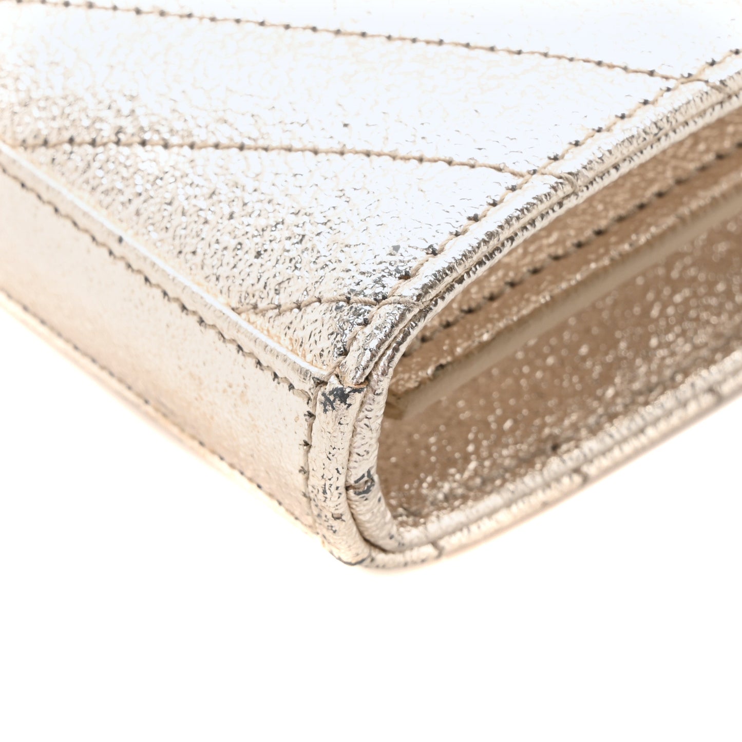 Metallic Crackled Calfskin Matelasse Chevron Monogram Chain Wallet Gold
