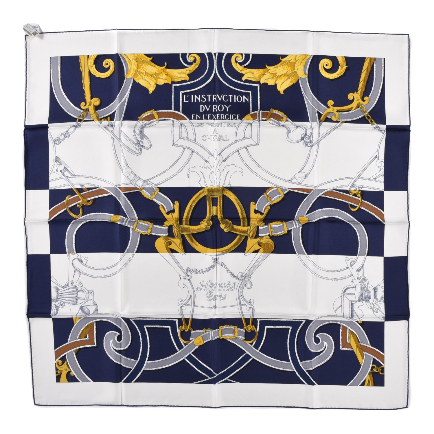 Hermes Silk L Instruction Du Roy Scarf 90 Marine White Or 1 of 5