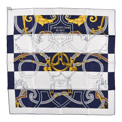 Hermes Silk L Instruction Du Roy Scarf 90 Marine White Or 1 of 5