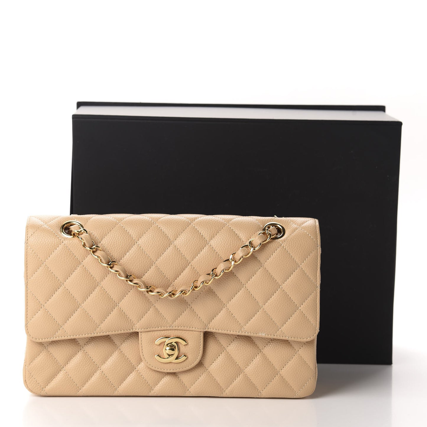 Caviar Quilted Medium Double Flap Beige Clair