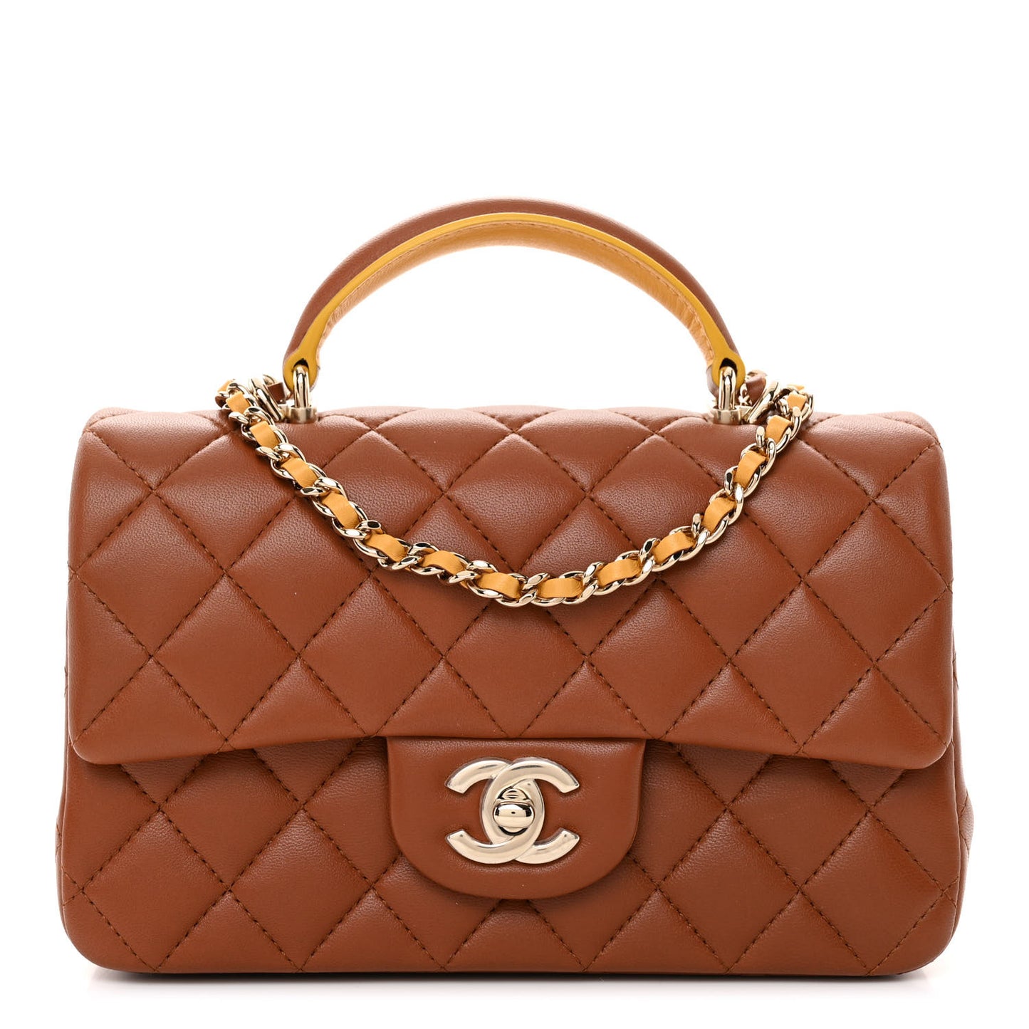 Lambskin Quilted Bi-Color Mini Top Handle Rectangular Flap Light Brown Yellow