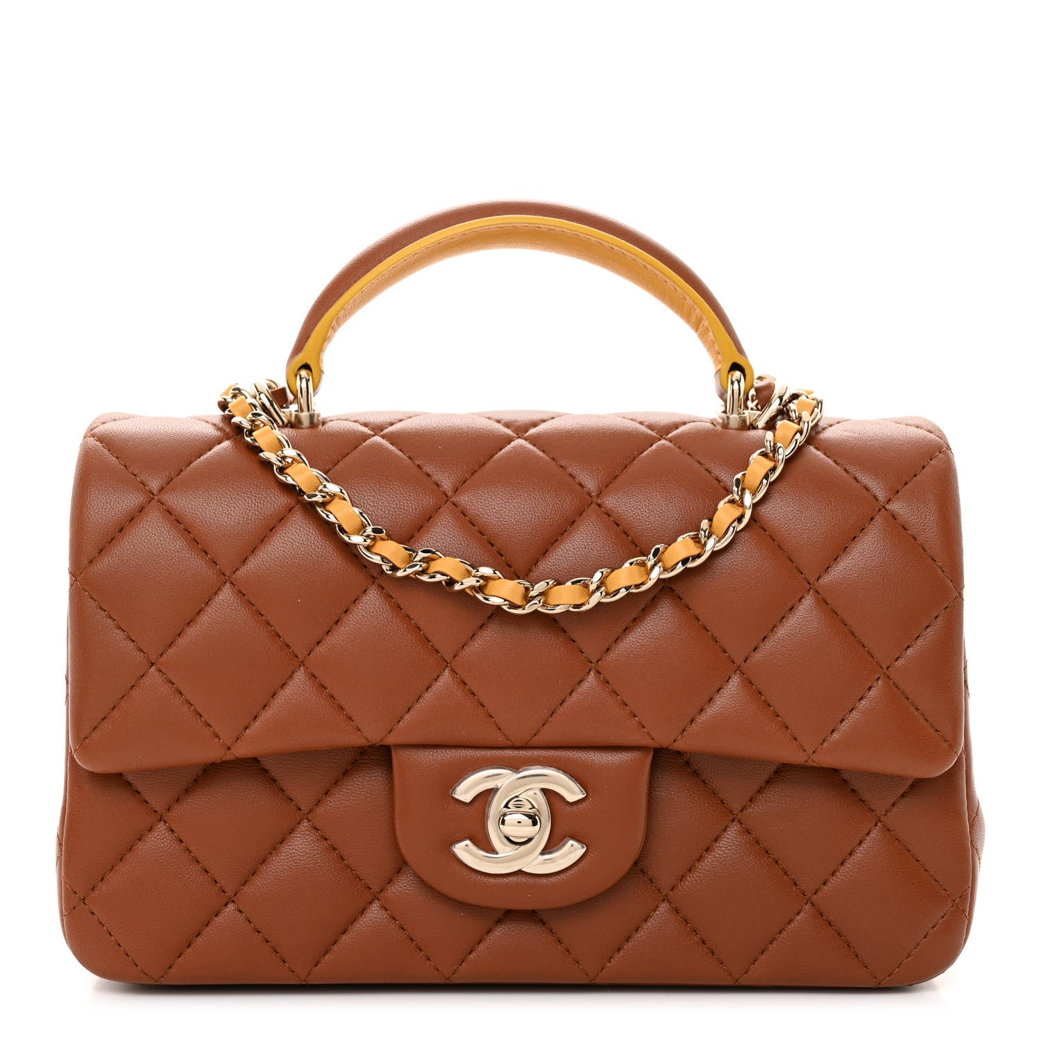 Chanel Lambskin Quilted Bi-Color Mini Top Handle Rectangular Flap Light Brown Yellow 1 of 11