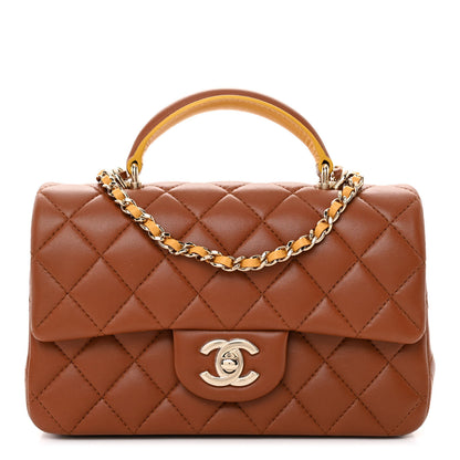 Chanel Lambskin Quilted Bi-Color Mini Top Handle Rectangular Flap Light Brown Yellow 1 of 11
