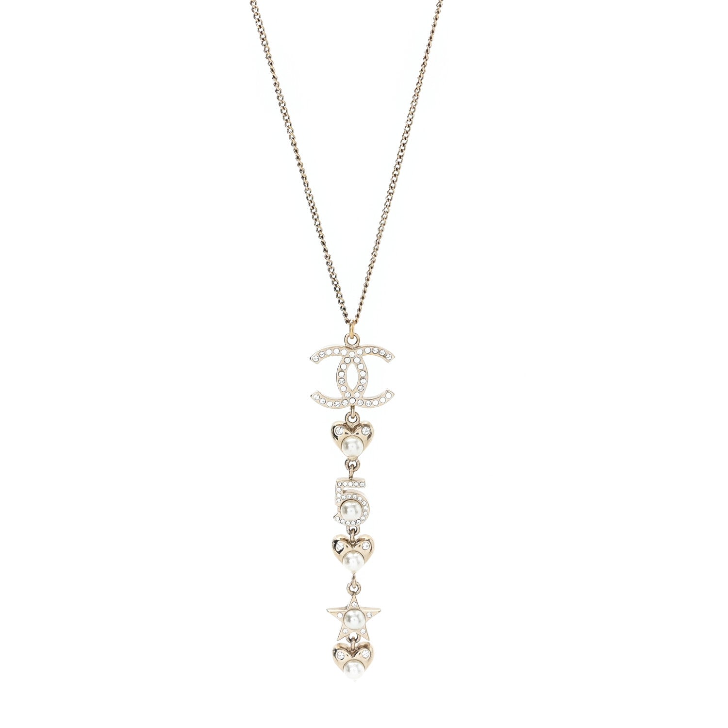 Chanel Pearl Crystal CC No 5 Heart Star Pendant Necklace Gold 1 of 5
