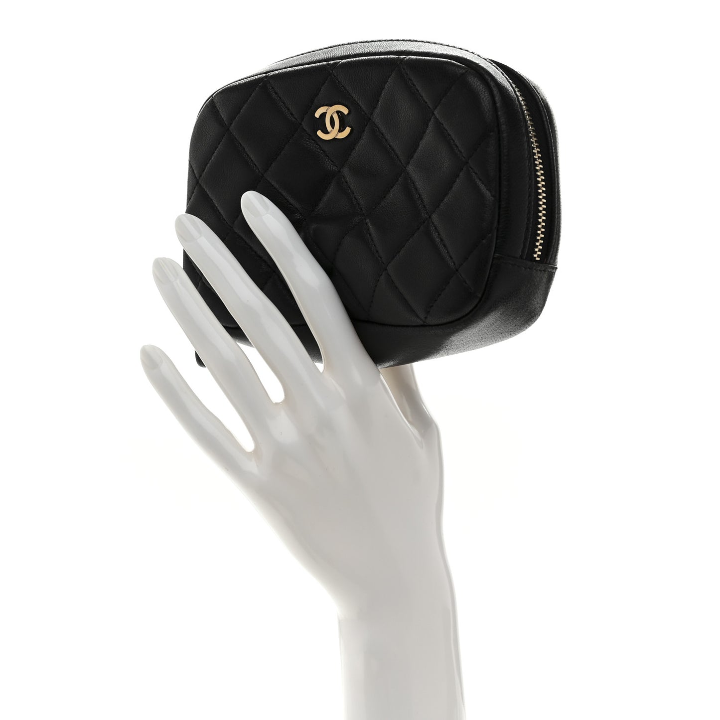 Lambskin Quilted Small Curvy Pouch Cosmetic Case Black