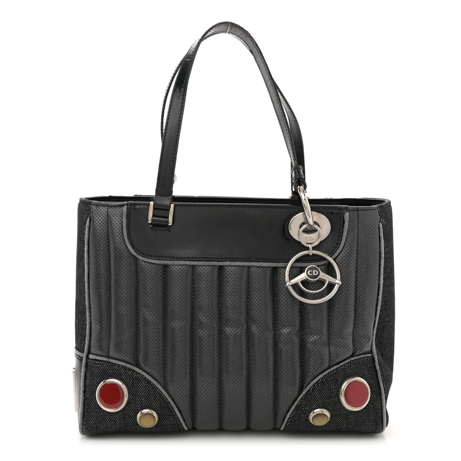 Christian Dior Denim Perforated Patent Trailer Trash Cadillac Tote Black 1 of 13
