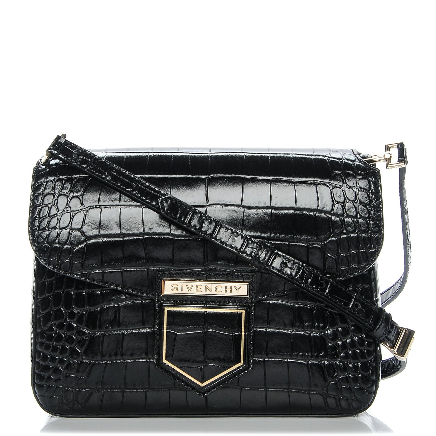 Calfskin Crocodile Embossed Small Nobile Shoulder Bag Black