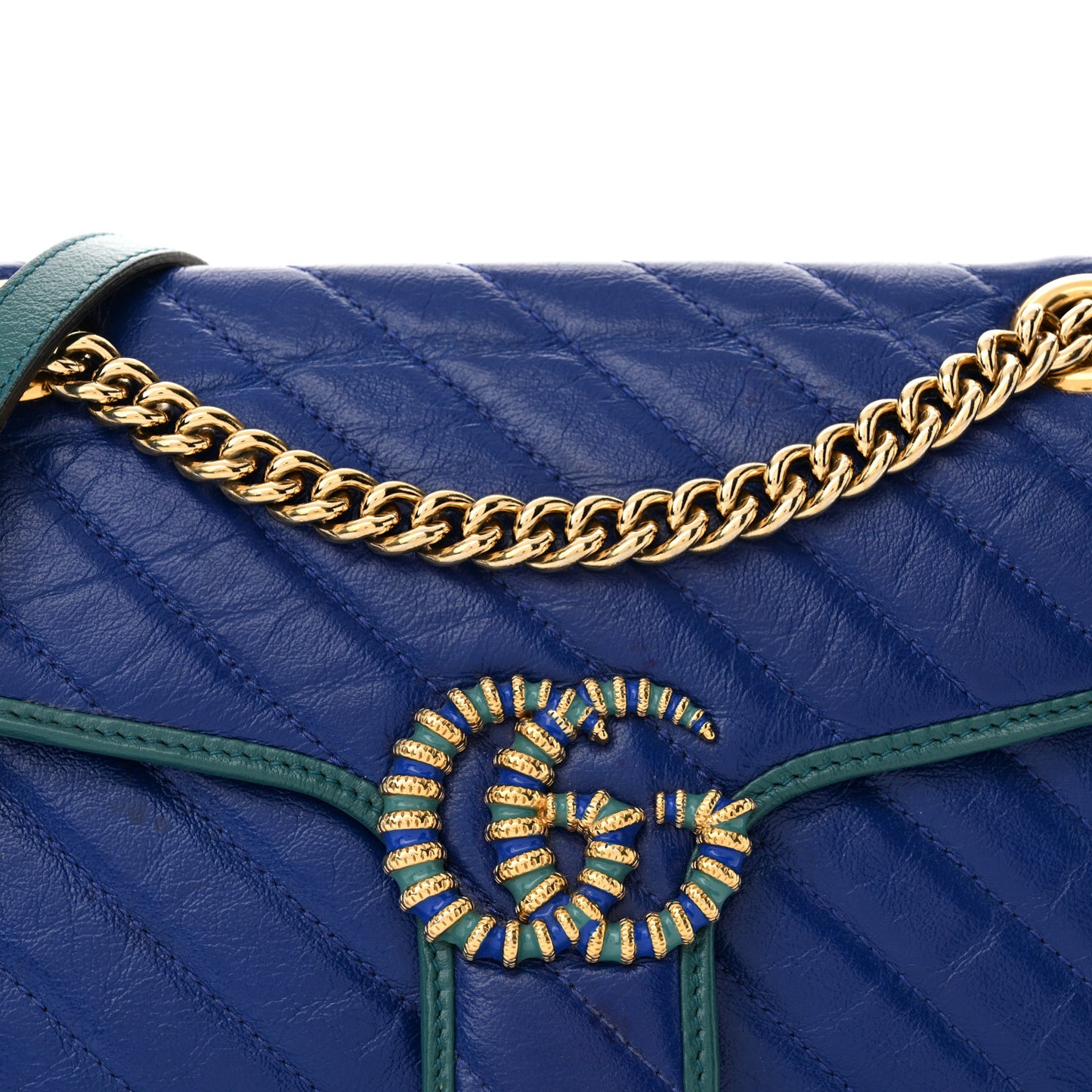 Azalea Calfskin Enamel Matelasse Diagonal Small Torchon GG Marmont Shoulder Bag Imperial Blue Pavone