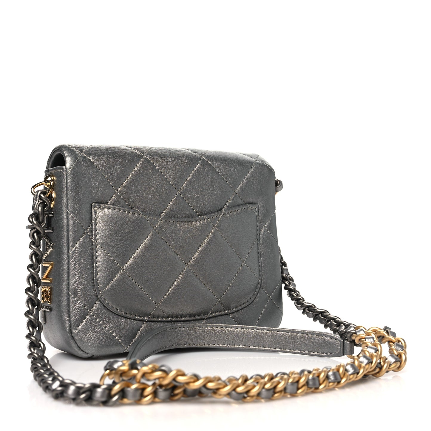 Metallic Lambskin Quilted Mini Side Note Flap Grey