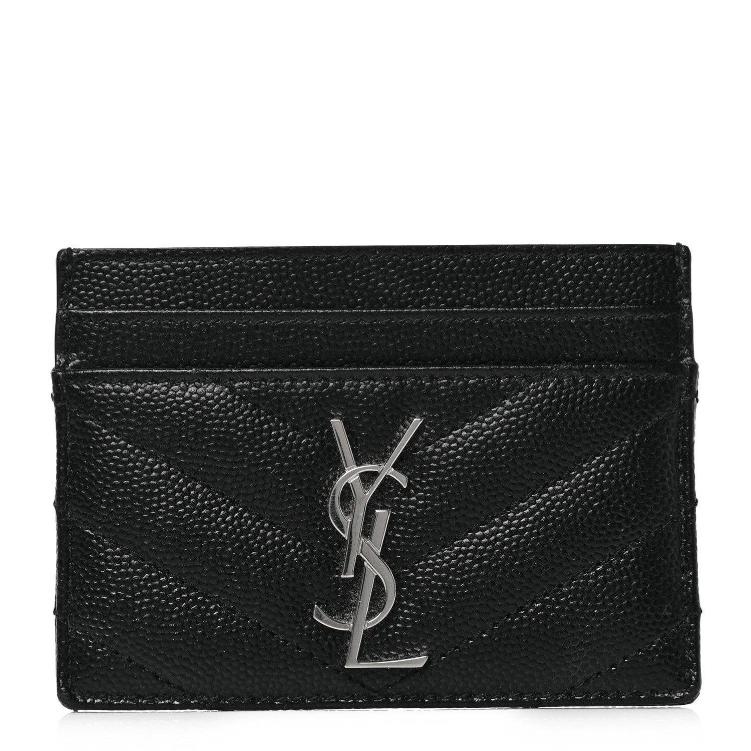 Saint Laurent Grain De Poudre Matelasse Chevron Monogram Credit Card Case Black 1 of 6