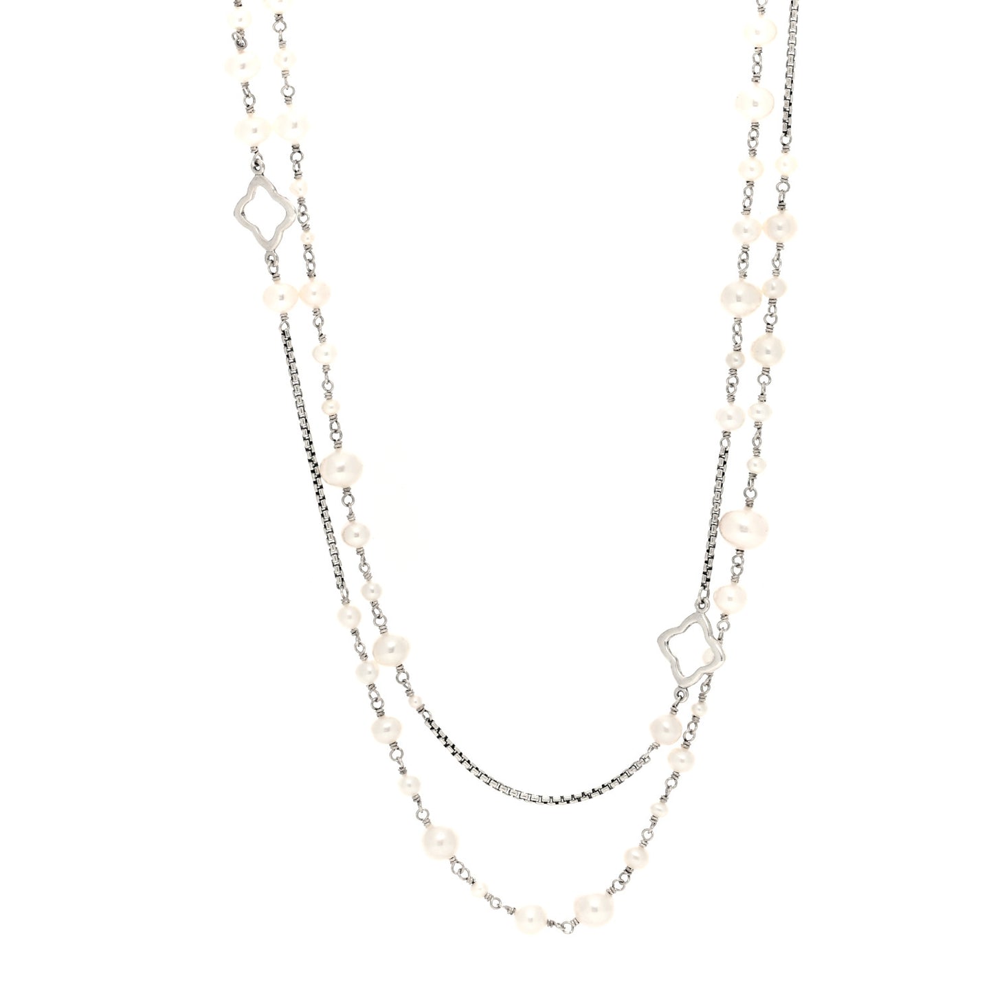 Sterling Silver Freshwater Cultured Pearl Quatrefoil Long Chain Necklace
