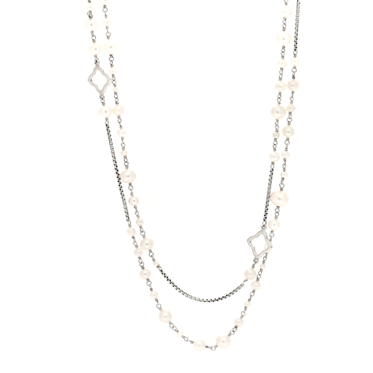David Yurman Sterling Silver Freshwater Cultured Pearl Quatrefoil Long Chain Necklace 1 of 4