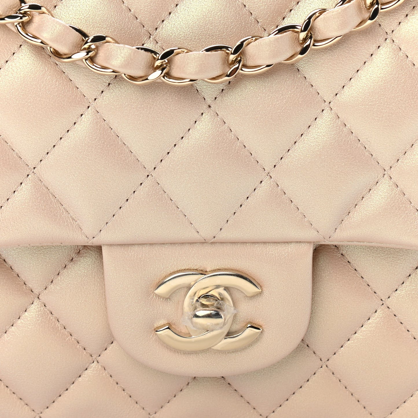 Iridescent Calfskin Quilted Medium Double Flap Beige