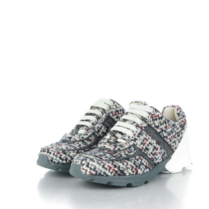 Chanel Tweed Calfskin Sneakers 38 Ecru Navy 3 of 7