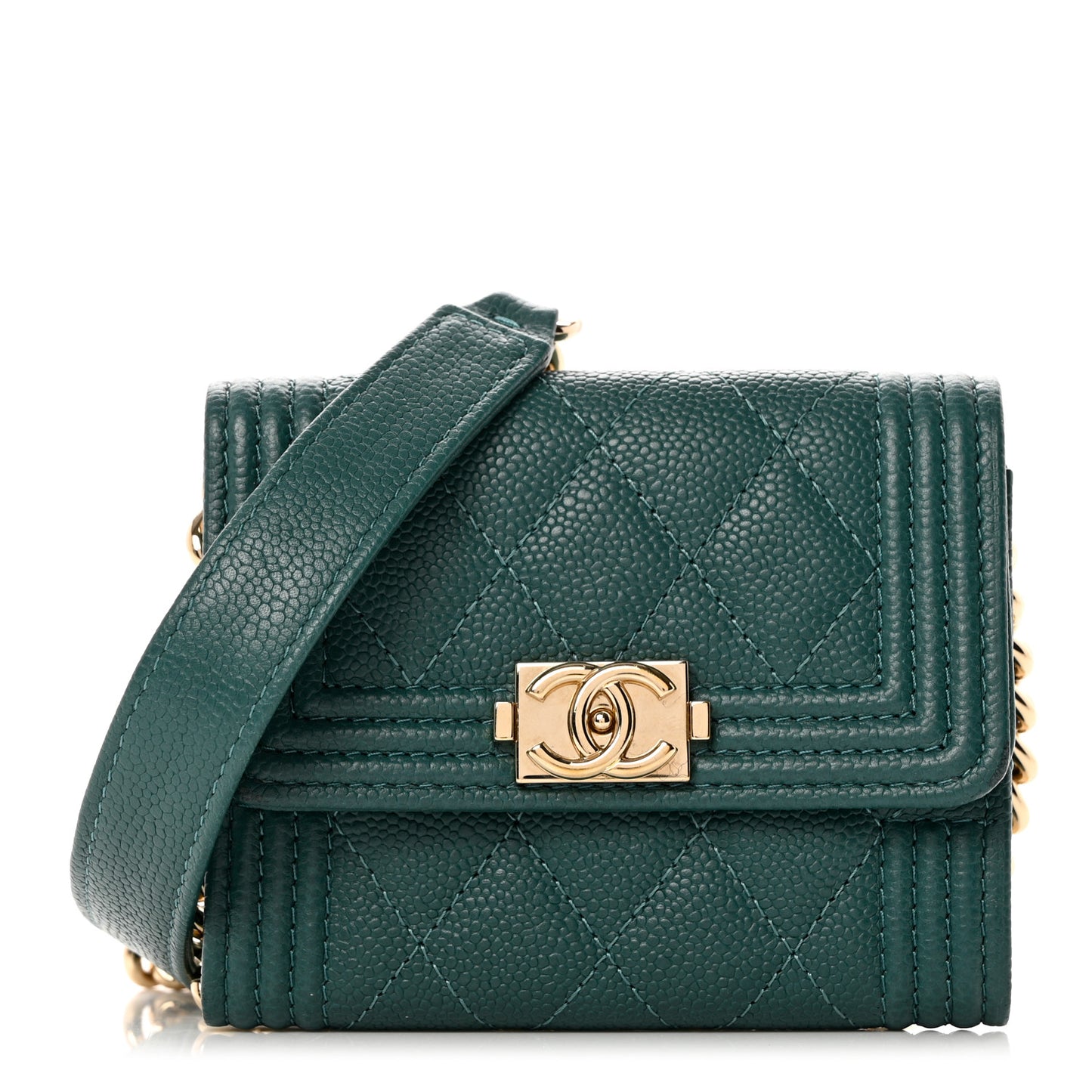 Caviar Quilted Boy Card Holder On Chain Green