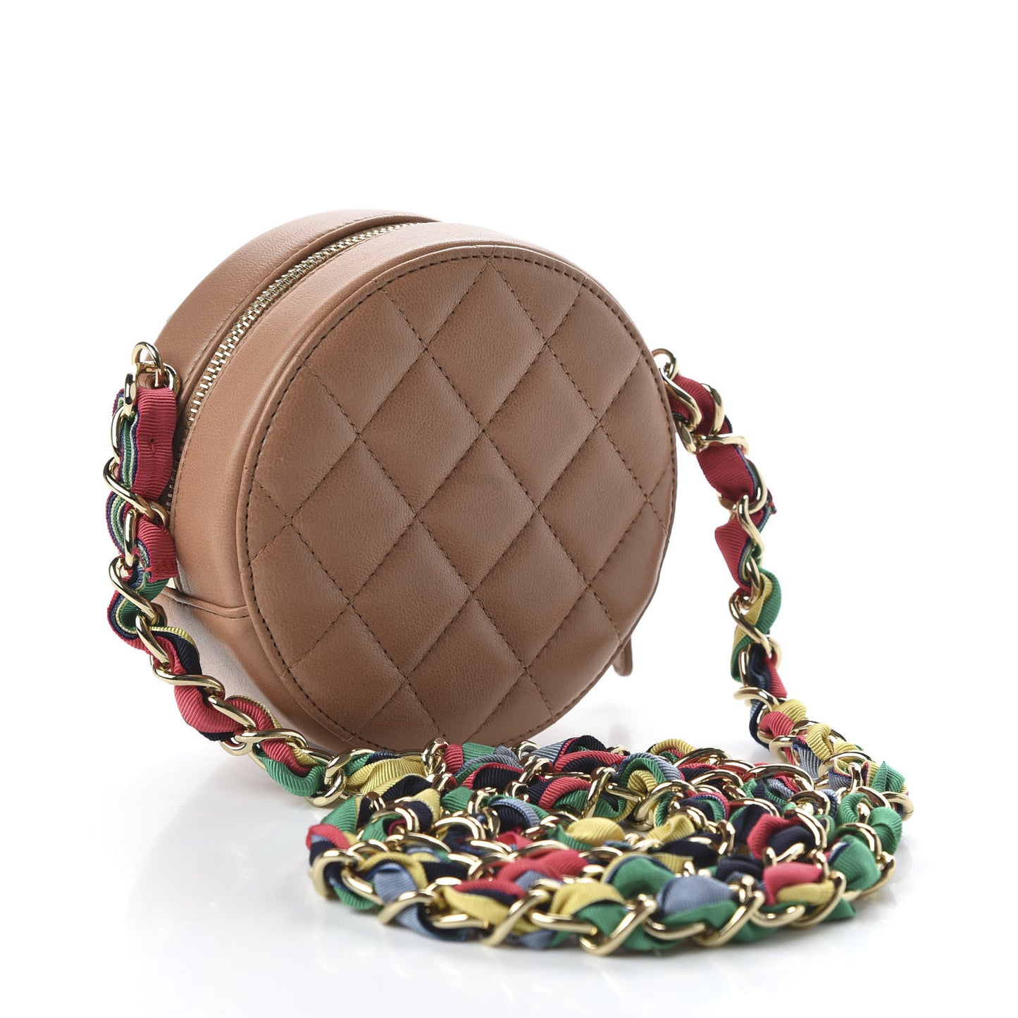 Shiny Lambskin Ribbon Quilted Round Clutch With Chain Brown