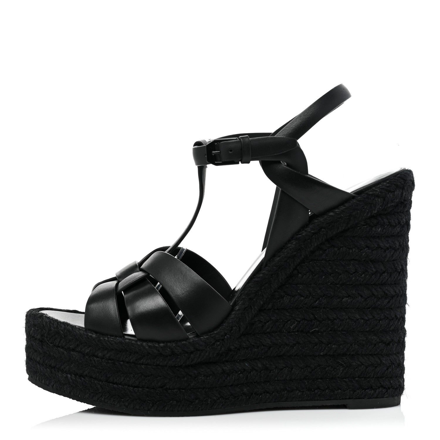 Saint Laurent Calfskin Tribute 95 Platform Espadrille Wedge Sandals 40 Black 1 of 7