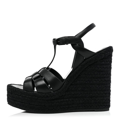 Saint Laurent Calfskin Tribute 95 Platform Espadrille Wedge Sandals 40 Black 1 of 7