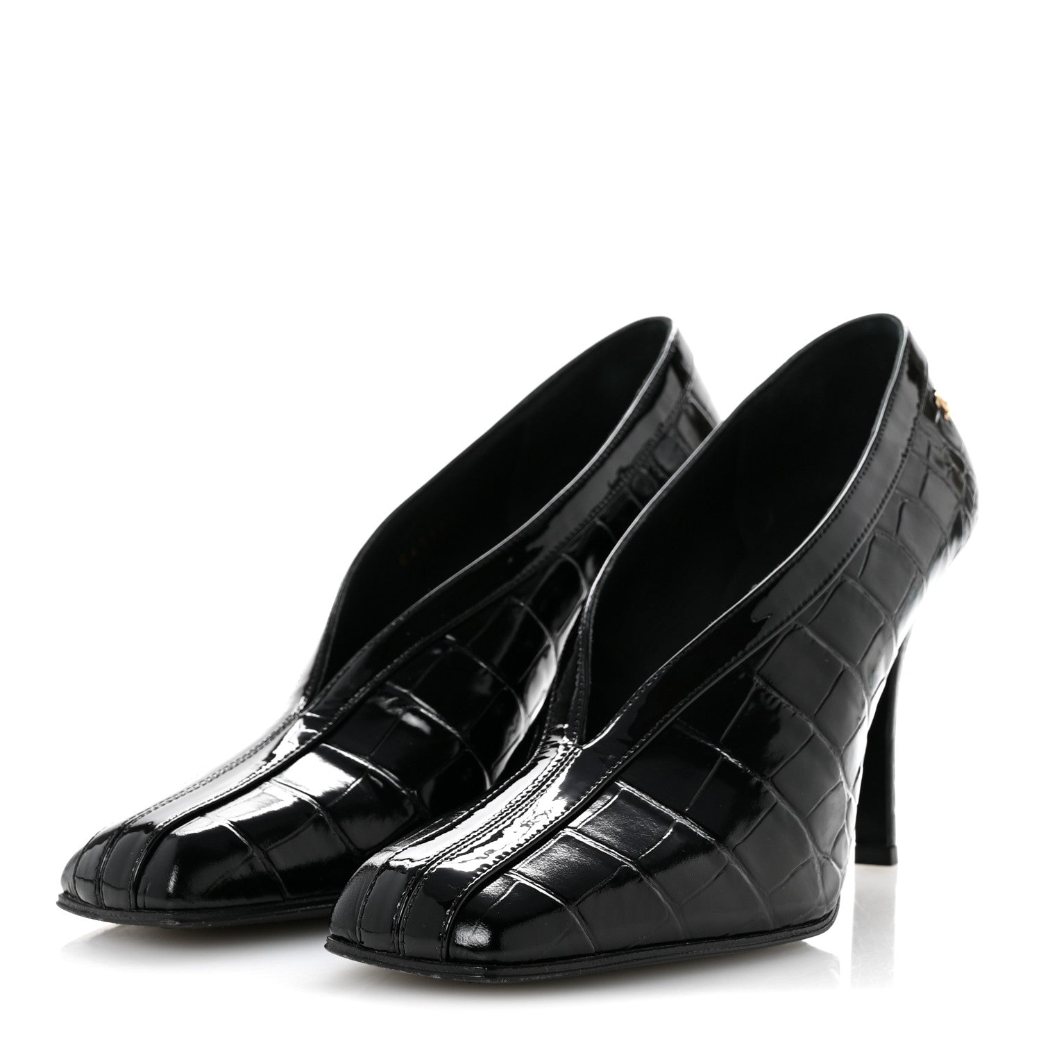 Chanel Crocodile Embossed Patent Calfskin Pumps 38 Black 4 of 11