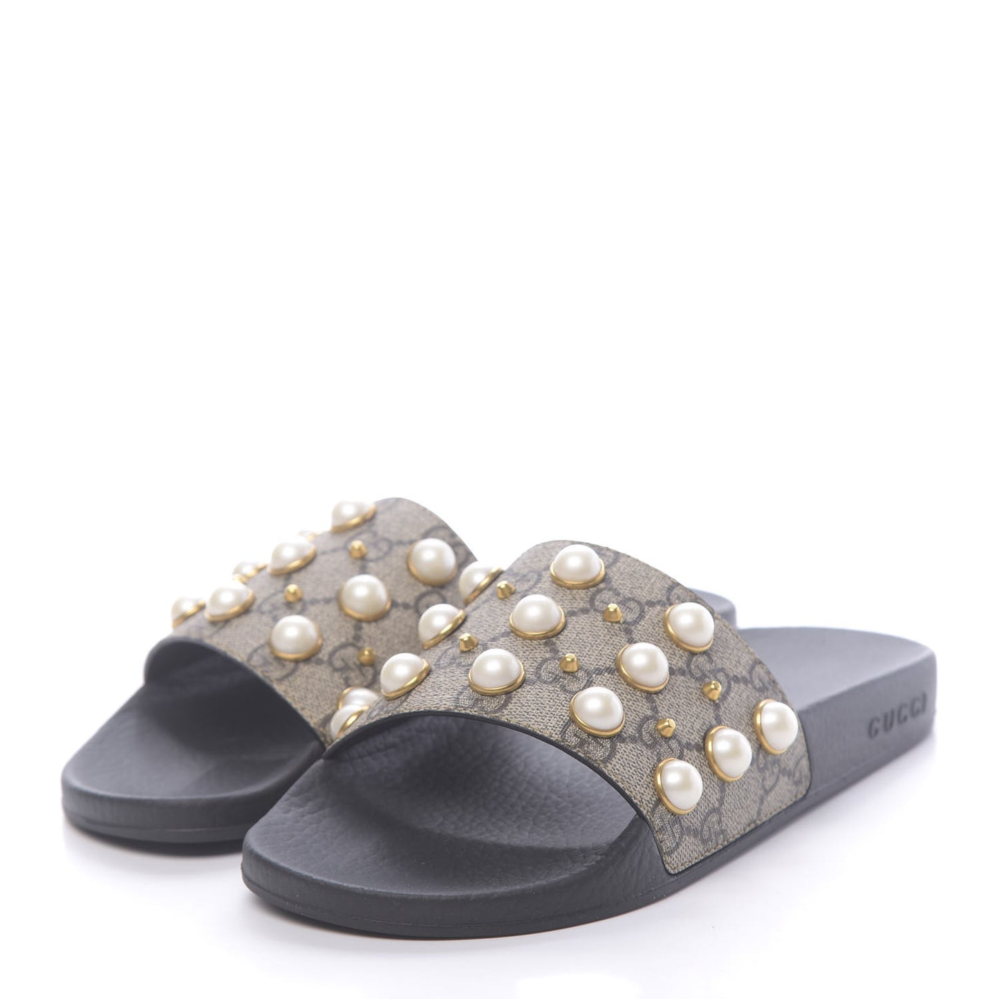 GG Supreme Monogram Pearls Slide Sandals 38 Beige