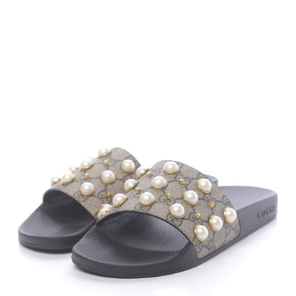 Gucci GG Supreme Monogram Pearls Slide Sandals 38 Beige 3 of 8