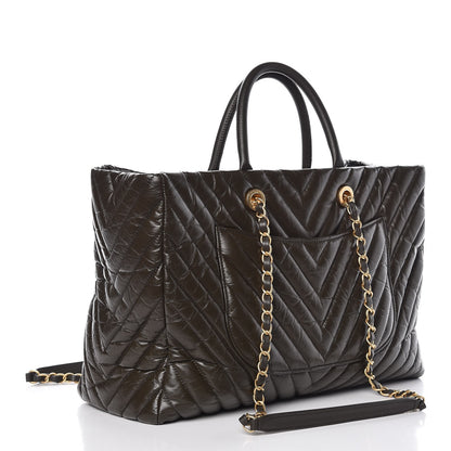 Chanel Aged Calfskin Chevron Large Coco Handle Shopping Tote Dark Green 3 of 8