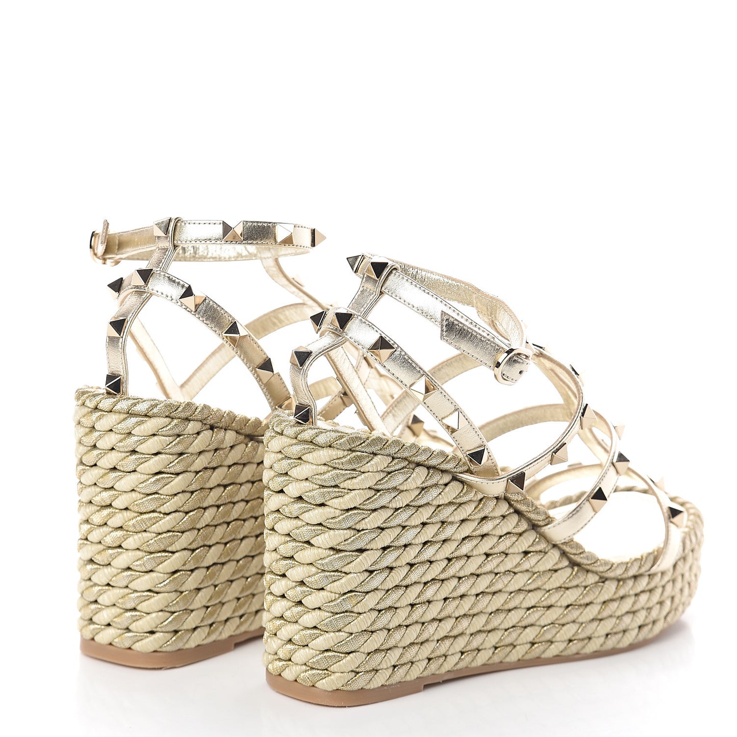 Metallic Nappa Rockstud Ankle Strap Torchon Espadrille Caged 25/95mm Wedge Sandals 37 Platino