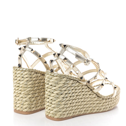 Valentino Garavani Metallic Nappa Rockstud Ankle Strap Torchon Espadrille Caged 25/95mm Wedge Sandals 37 Platino 4 of 7