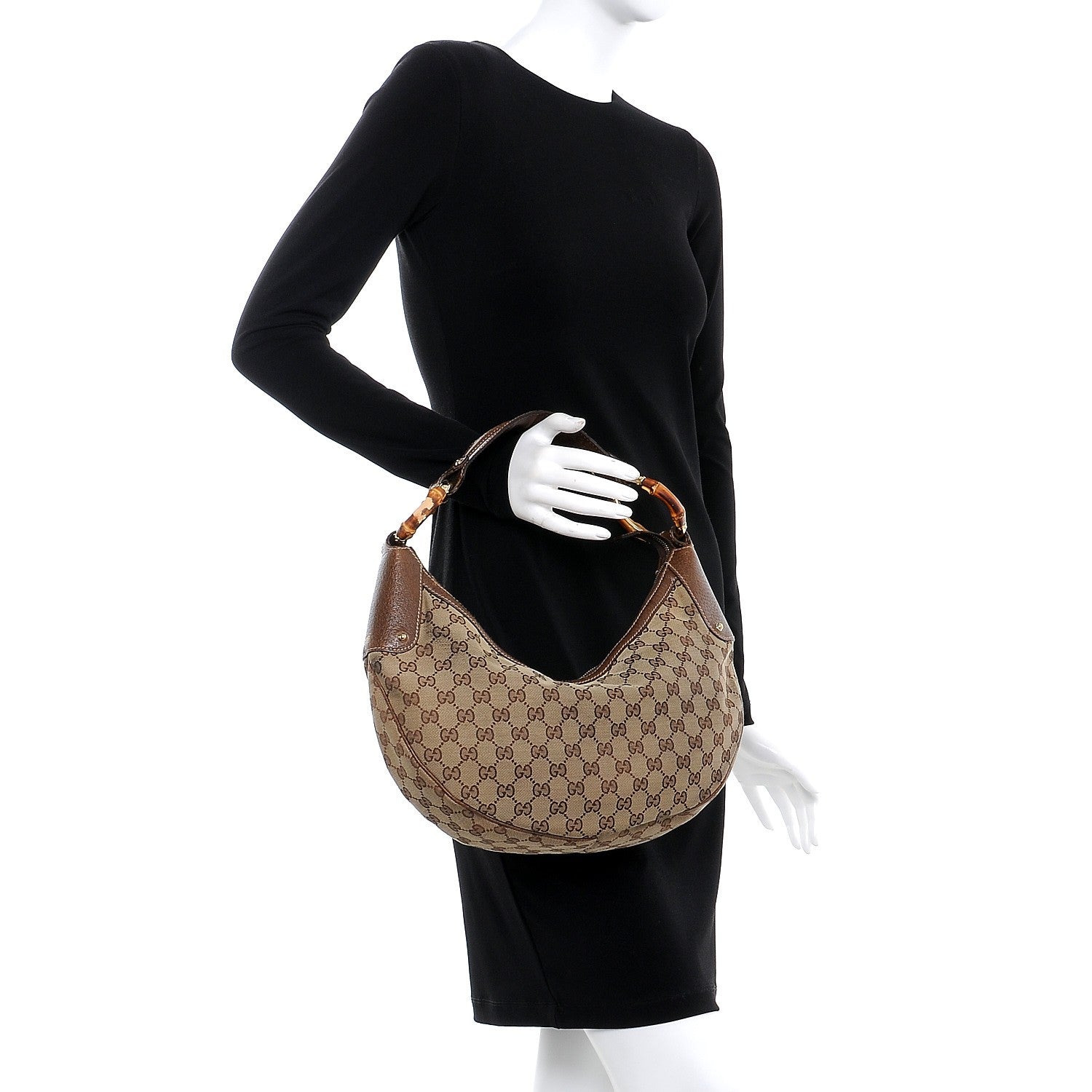Gucci Monogram Bamboo Ring Half Moon Hobo Bag Brown 2 of 10