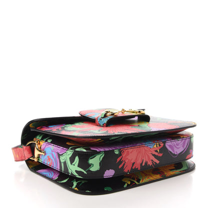 Gucci X KEN SCOTT New Shangai Calfskin Jenny Floral Print Horsebit 1955 Shoulder Bag Black Pink 4 of 11