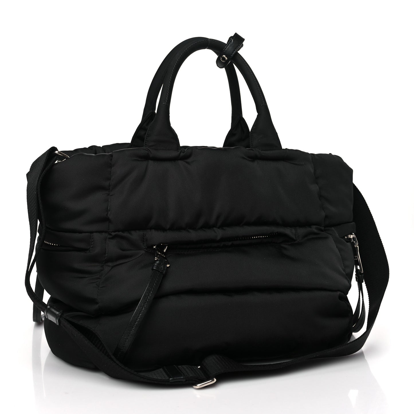 Nylon Quilted Padded Triangle Logo Zip Tote Black