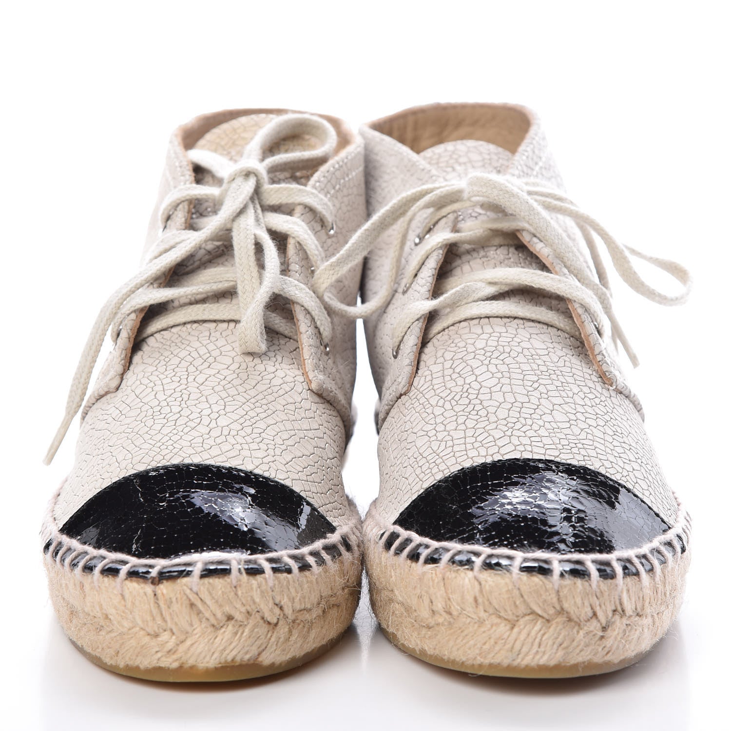 Chanel Crackled Calfskin Cap Toe Lace Up Espadrilles 35 Light Beige Black 2 of 8